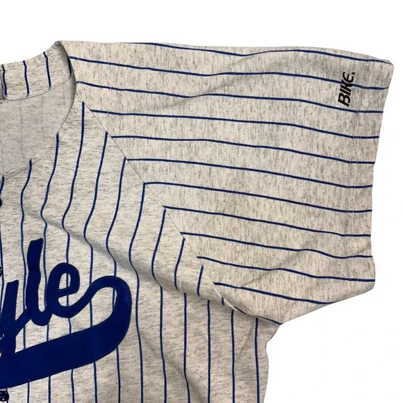 Vintage Bike Doyle Baseball Jersey Gray Blue Striped Mens Sz Large *SLEEVE STAIN - Picture 5 of 9